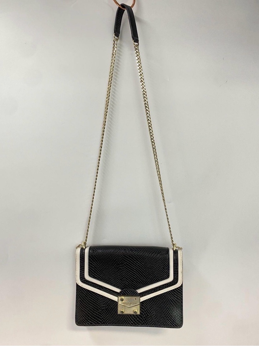 Karl Lagerfeld Black Crossbody Bag with Cream Trim and Gold Hardware